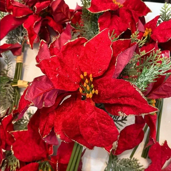 Red Poinsettia Floral Bouquet Set of 7 Red Velvet Gold edge poinsettia bouquets