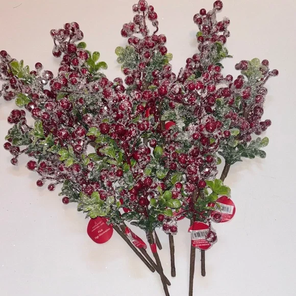 Snow Frosted Red Berry Stems Glitter Red Berries Eucalyptus Picks Set of 12 NWT