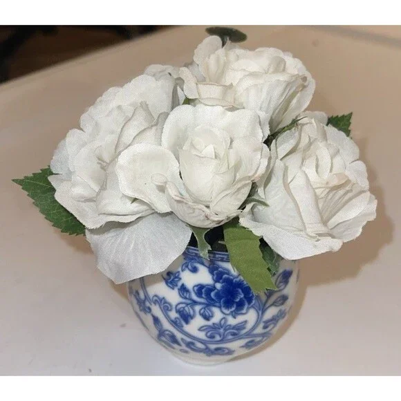 Artificial Floral Arrangement Roses Blue White Porcelain Vase 2.75 n x 2.75 in