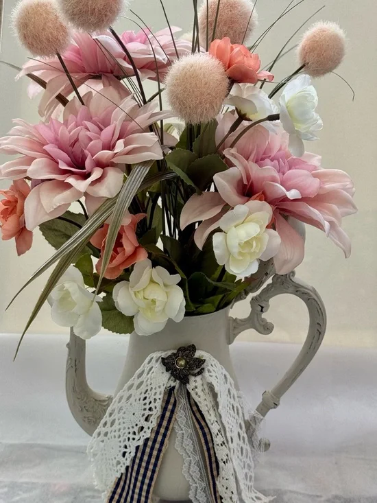 Pink and Cream Artificial Floral Arrangement in Decorative Pitcher By René