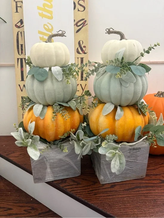 Decorative Pumpkin Topiary Trio - Green, White & Orange -