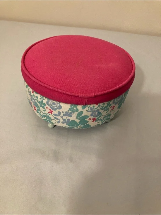 American Girl Pink and Teal Floral Round Storage Ottoman