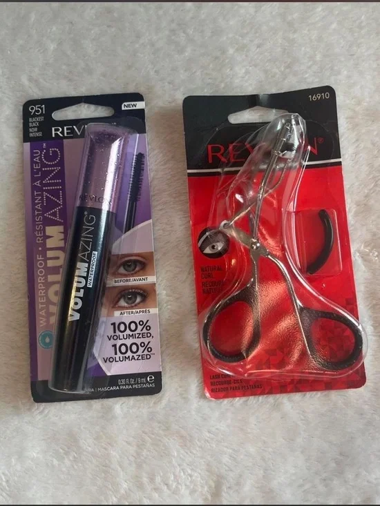 NWT Set of Revlon Volumazing Waterproof Mascara & Eyelash Curler Blackest Black