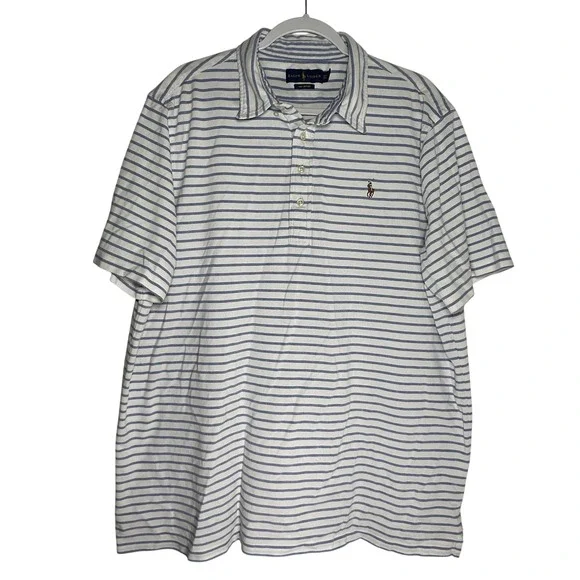 Ralph Lauren Knit Oxford Polo‎ Shirt Mens XXL Blue White Striped Short Sleeve