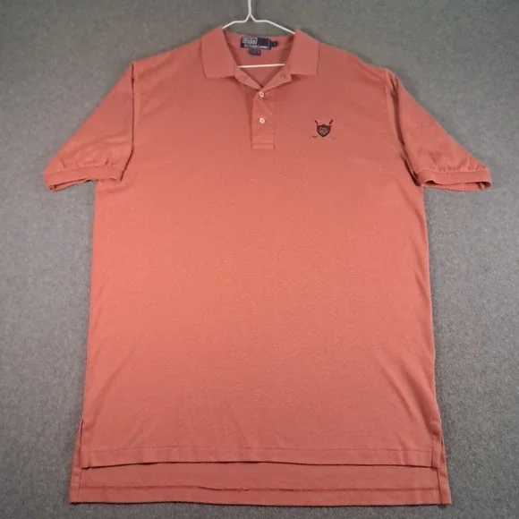 VTG Polo Golf Ralph Lauren Short Sleeve Tartan Shield & Golf Club Logo L Salmon