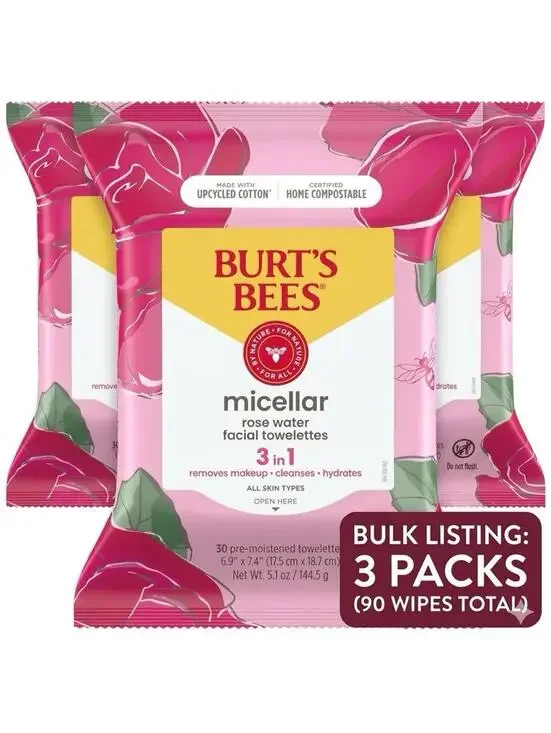 (RB) 3-Pack Burt’s Bees 3-In-1 Micellar Rose Water 30 Pre-Moistened Towelettes