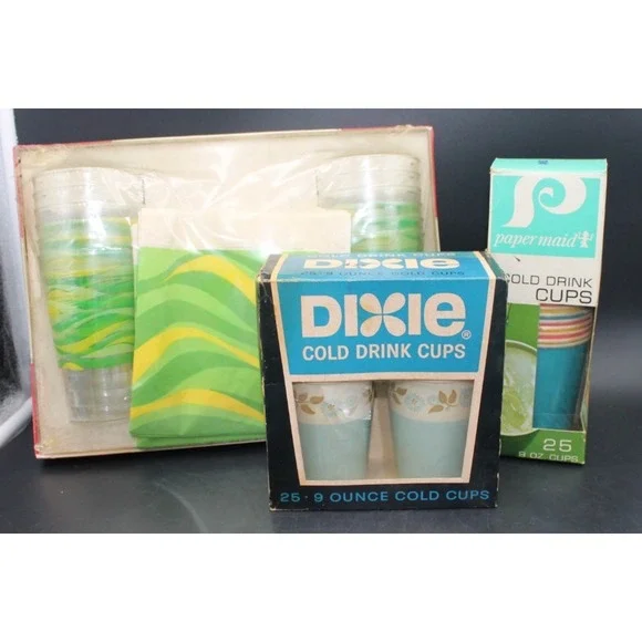 Vintage Dixie Cold Drink Cups Lot Paper Maid Party Set 9oz New Sealed & Opened