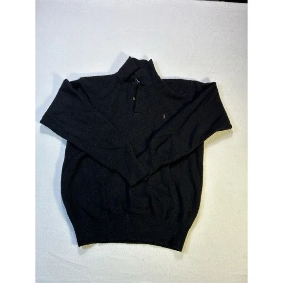 Vintage Polo Ralph Lauren Lambswool Sweater Large Black Quarter Button Pink Pony