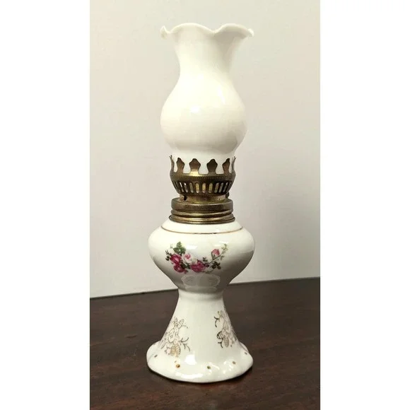 Vintage Mini Milk Glass Hurricane Oil Lamp Floral Rose Hong Kong