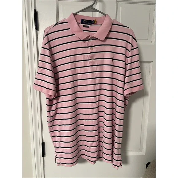 Ralph Lauren Polo Golf Shirt Mens XL Pink Striped Black Classic Fit Small Stain