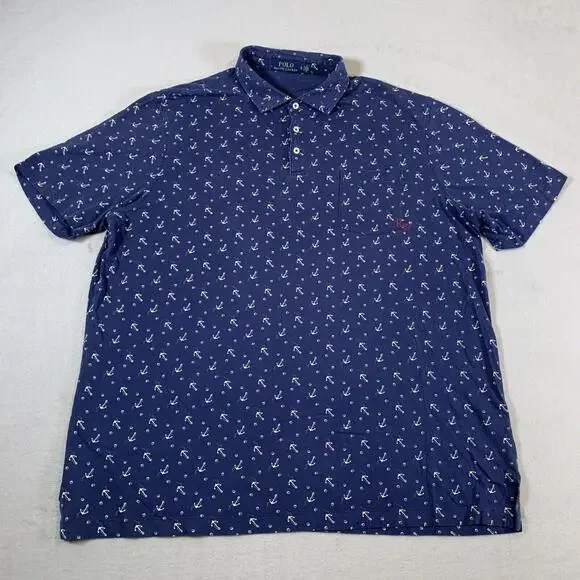 Polo Ralph Lauren Shirt Mens‎ XL Blue Short Sleeve Classic Fit Anchor AOP R67