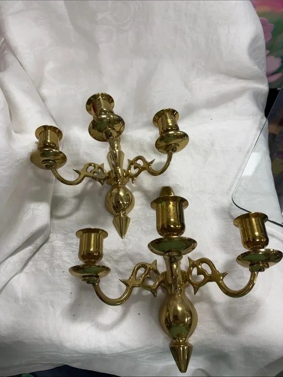 Brass 3-Arm Wall Sconce Pair - Polished Gold Finish