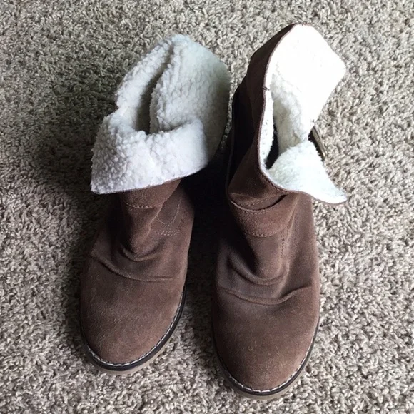 MIA Suede Ankle Boot Size 8 Light Brown Boho Sherpa Lined Fold Over