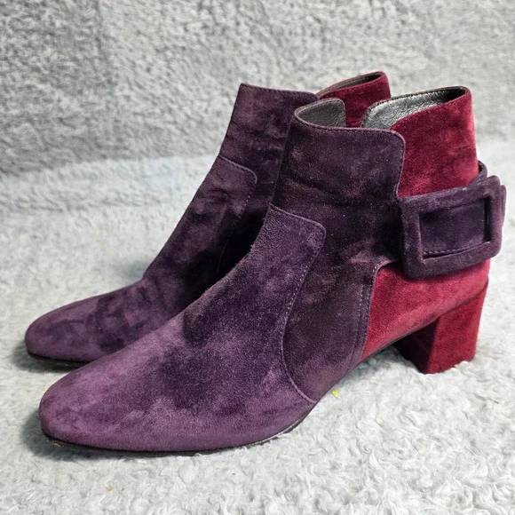 $1165 Roger Vivier RV Suede Ankle Boots Purple Maroon‎ Women's EU 37 US 6
