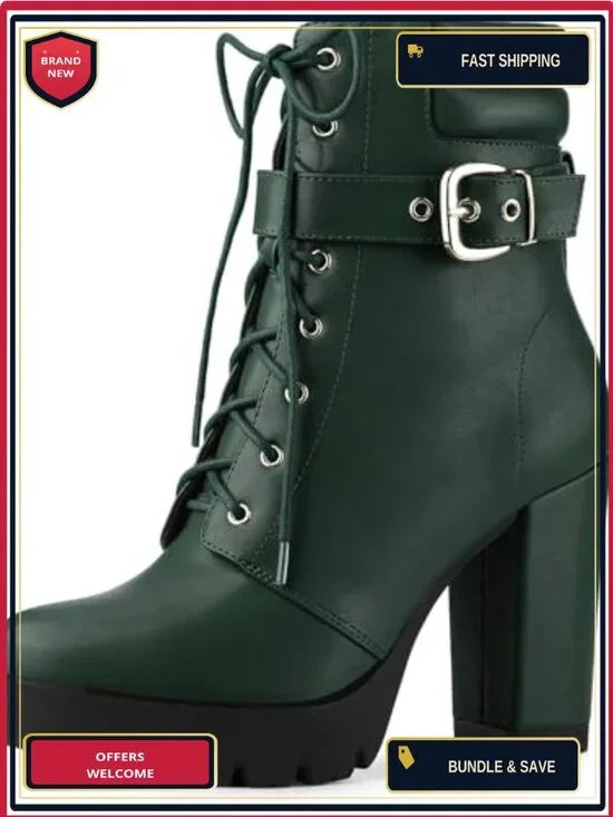 Women's Faux Leather Platform Ankle Boots Lace Up Block Heels Combat Boots