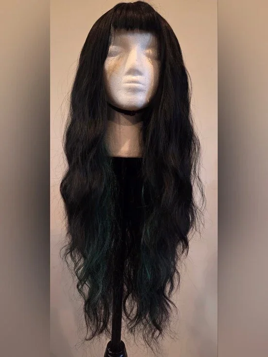 Black Wavy Synthetic Wig with Teal Highlights