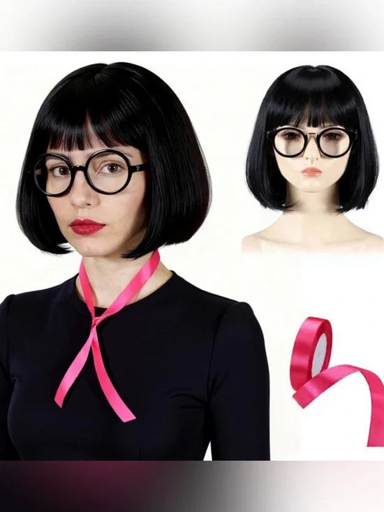 Edna Mode The Incredibles Halloween Costume Wig Glasses Ribbon Tights Adult Size