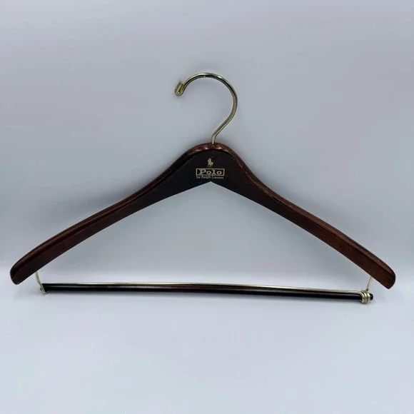 Polo Ralph Lauren Wooden Suit Hanger Pants Bar Brown Wood Gold Tone 17 Inch