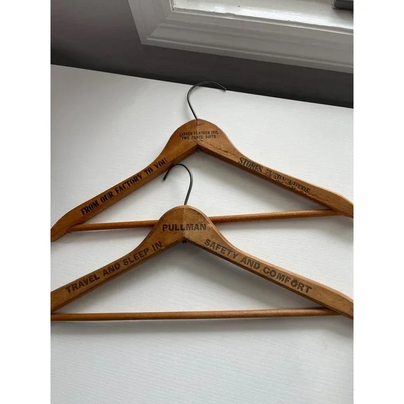 MCM Vintage Pullman & Larken Clothes Wooden Suit Hangers Advertising Set of‎ 2