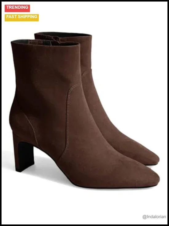Coutgo Women's Chunky Low Heel Ankle Boots Faux Suede Side Zipper Pointed Toe