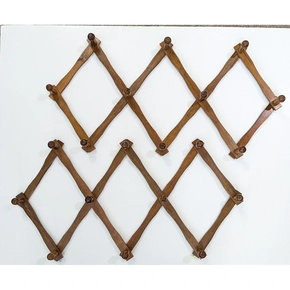 Vtg Wooden 10 Peg Accordion Wall Coat Rack Expandable Folding Hang Storage SET