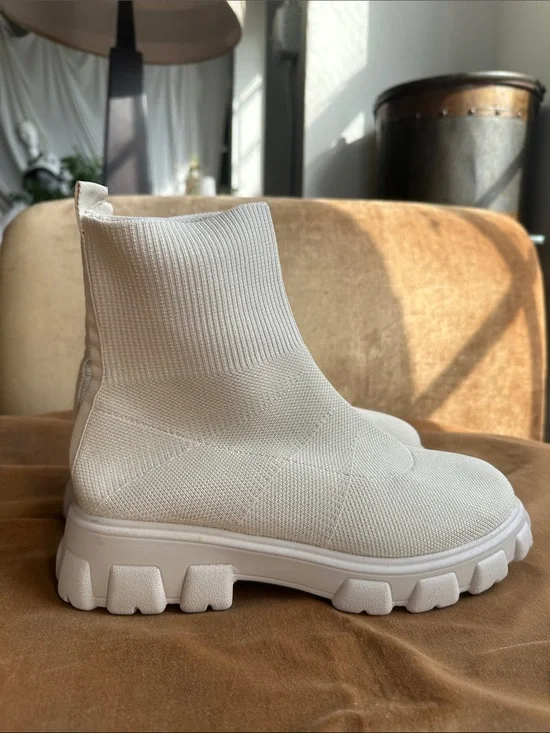 Cream White Canvas Stretchy chunky booties near 2” heel Trendy Stylish boots
