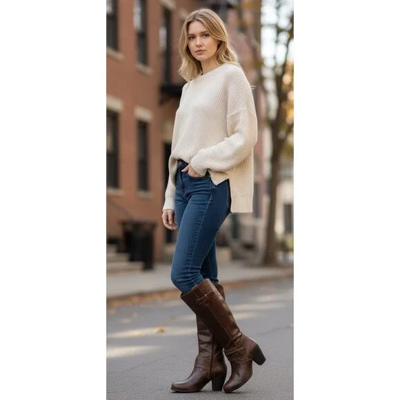 B.O.C. Born Brown Leather Knee High Tall Riding Heel‎ BC6802 Womens Booot  6.5