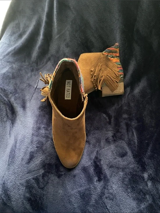 Not Rated Brown Suede Fringe Ankle Boots with Colorful Woven Accent