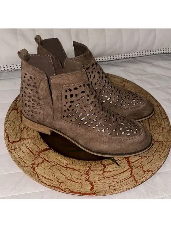 CG 9 Tan Faux Suede Laser Cut V Cut Ankle Booties