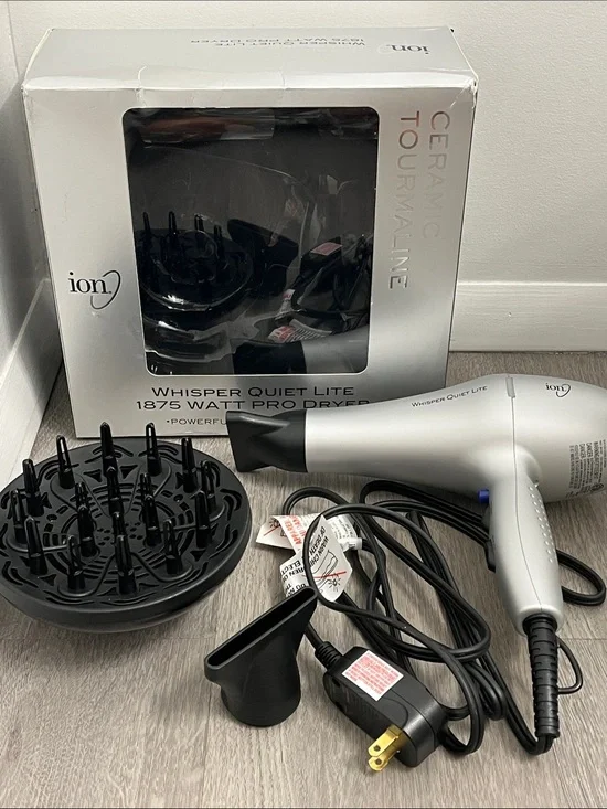 Ion Whisper quiet lite 1875 watt pro hair dryer ceramic tourmaline silver new