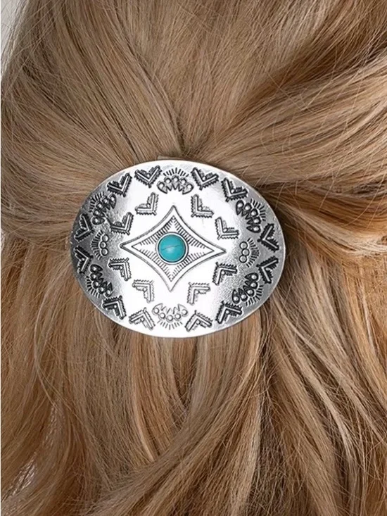 Western Turquoise Concho Hair Clip Barrette Silver Tone Cowgirl Hair Accessory