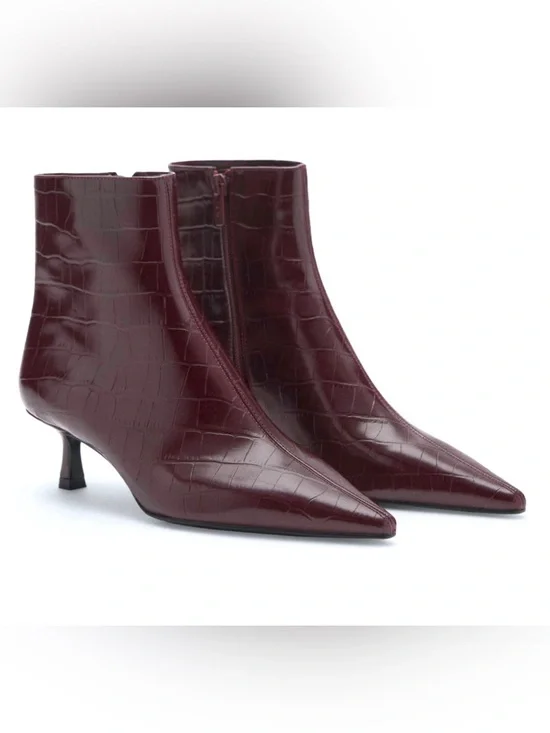 NEW MANGO MNG BURGUNDY COBI KITTEN HEEL CROC EFFECT ANKLE BOOTS BOOTIE 38 US 7.5