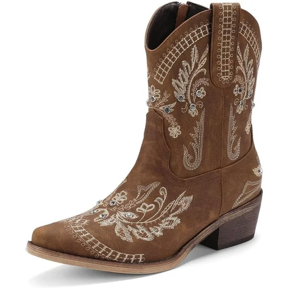 NWT Women’s Cowgirl Boots Rhinestone Embroidered Western Style Brown Chunky Heel