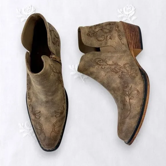 Pierre Dumas Kaylee Vegan Leather Laser Floral Design Tan Brown Cowboy Boots 7.5