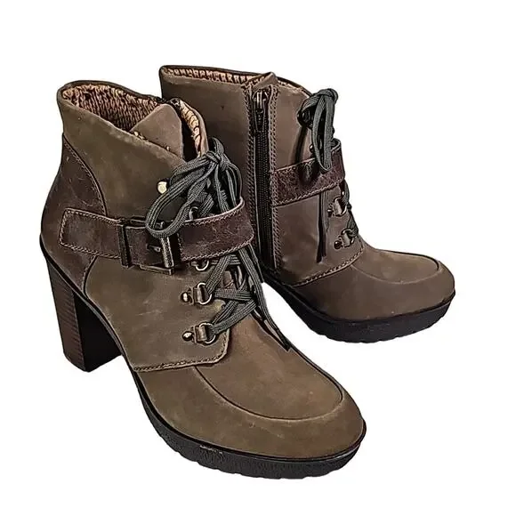 Nicole Sylvie Mint Brown Lace Up Look Zip Side Leather Ankle Boots Womens 9 NEW