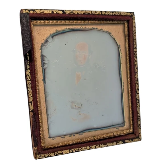 Daguerreotype of a man with gilt‎ framed glass mirror Antique Victorian 1800s
