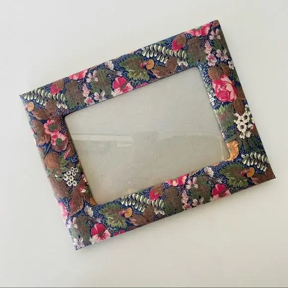 VINTAGE Blue Pink White Floral Print Fabric Handmade Photo Picture Frame Y2K 90s
