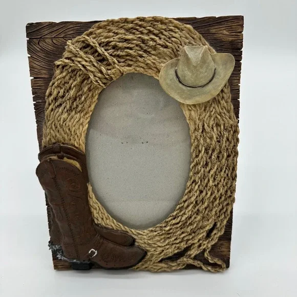 Western Cowboy Boot‎ Hat Rope 3D Resin Picture Frame Rustic Decor Brown