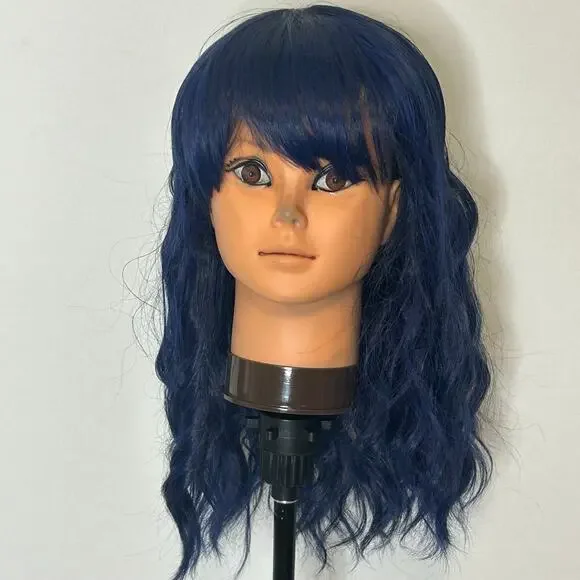 Heat Resistant Navy Blue Wavy Cosplay Wig with Bangs Adjustable Adult Cap