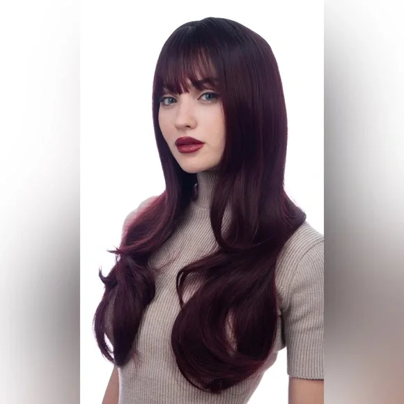 25” Burgundy Synthetic Wig with Dark Roots – Loose Curls – Adjustable Cap