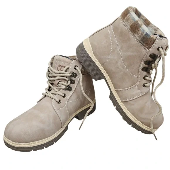 Anjou Femme Beige Lace-Up Ankle Boots Women's‎ Size 7.5 Plaid Collar Work Hiking