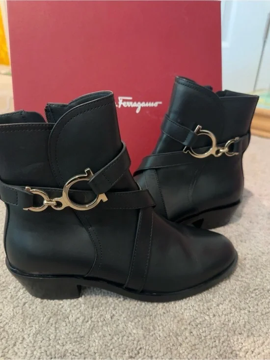 Salvatore Ferragamo Black Leather Ankle Booties with Gold Gancini Detail