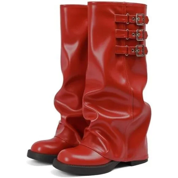 Women's Red Fall Slouchy Fold Over Tall Boots Motorcycle Zipper Fashion Buckle