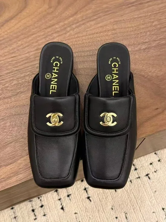 Chanel Black Leather CC Turn‑Lock Square Toe Mule Loafers