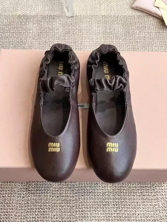Miu Miu Dark Brown Leather Ruched Strap Ballet Flats