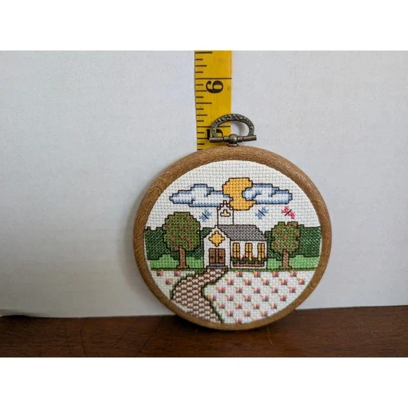 Country Church Cross Stitch, 4.75 inches, Faux Wood Hoop‎ Frame