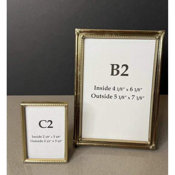 Lot of 2 Vintage MCM Art Deco Brass Metal Picture Frame Gold Tone 4x6 & 2x3 EUC