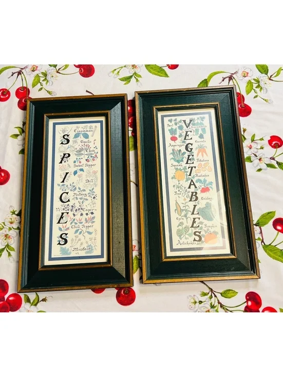 Vintage Framed Spices and Vegetables Botanical Prints Set of 2, 9x16.5 Inches