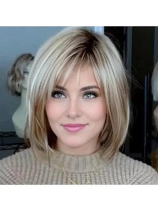 Women's Blonde 12 Inch Mid Length Heat Synthetic Straight Layered Bob Wigs