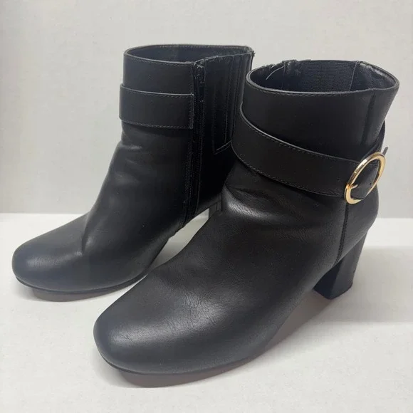 Eloquii Women Brigitte Ankle Boots Size 9W Black Gold‎ Buckle Block Heel Zip